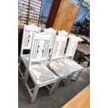 A SET OF SIX CHABBY CHIC DINING CHAIRS WITH RUSH SEATS AND BACKS