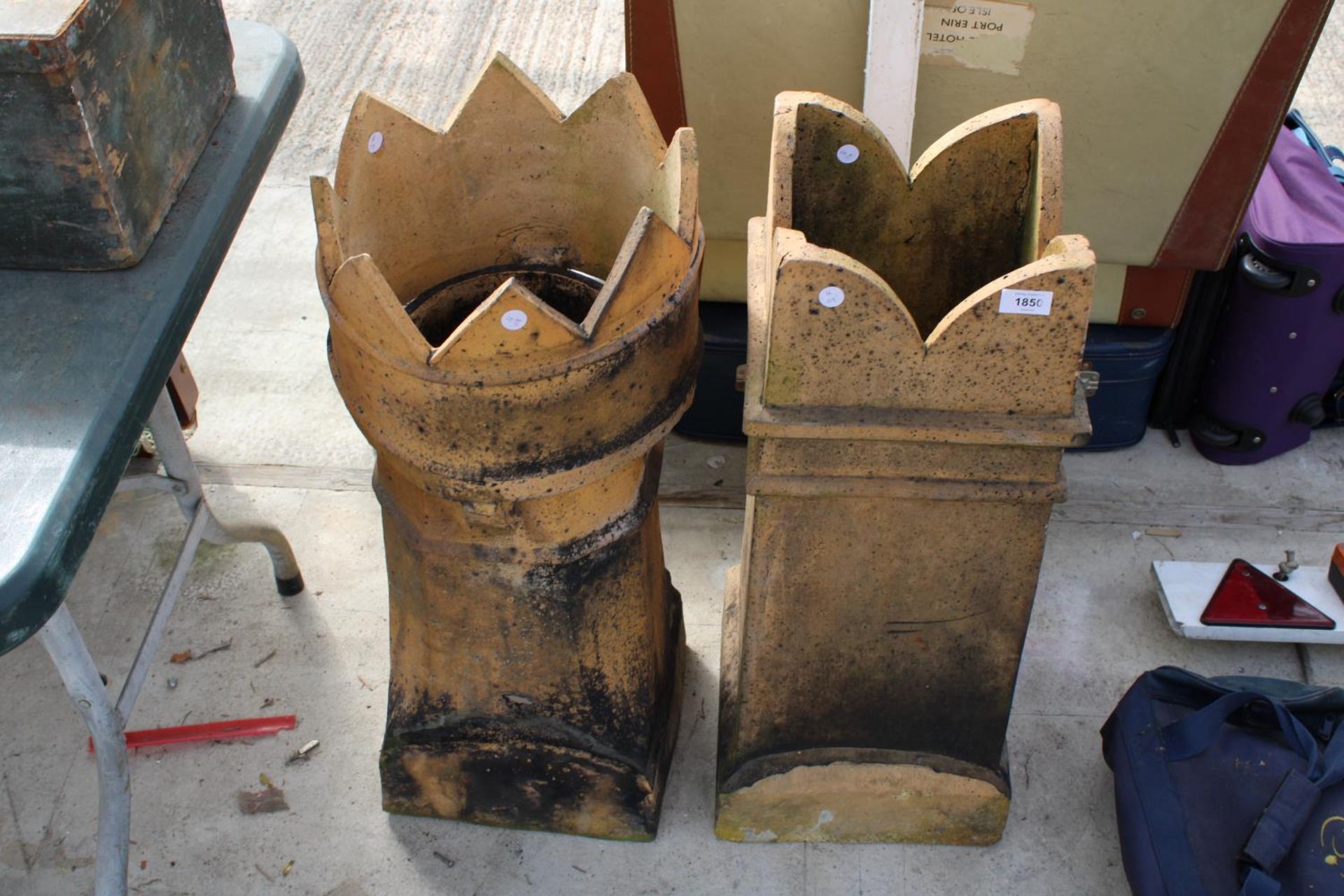 TWO VINTAGE CHIMNEY POTS TO INCLUDE AN EIGHT POINT CROWN AND A BISHOP EXAMPLE