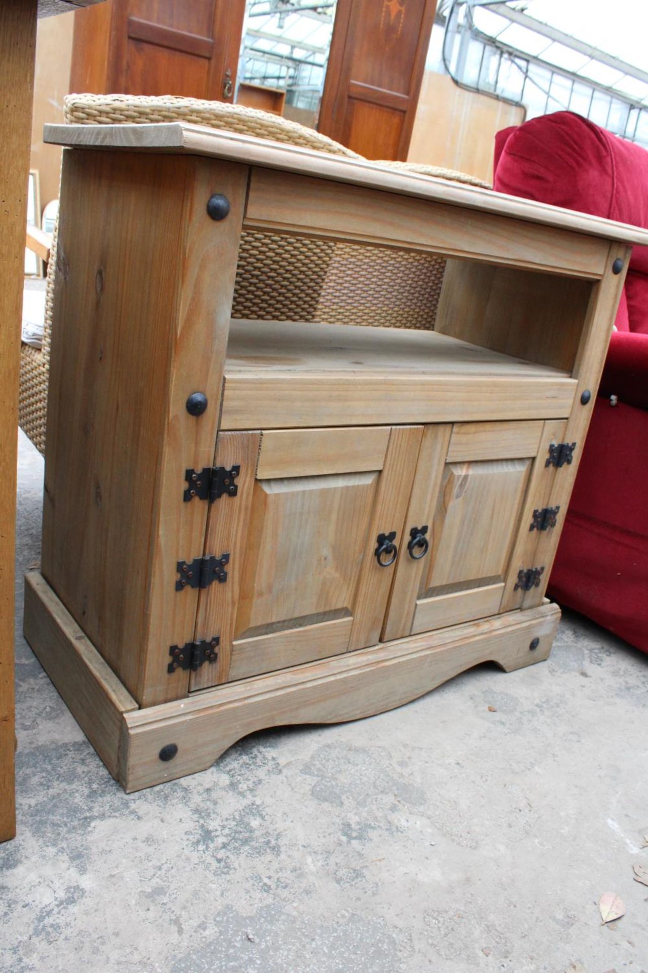 A MODERN MEXICAN PINE SIDE CABINET WITH CUPBOARD WITH OPEN SHELF, 33.5" WIDE - Image 2 of 2