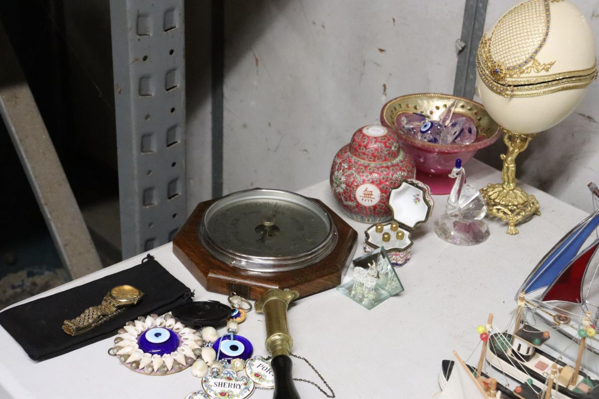 A MIXED LOT TO INCLUDE A FABERGE STYLE EGG, CHINESE GINGER JAR, BAROMETER, COALPORT DECANTER LABELS, - Image 6 of 6