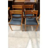 A SET OF 4 RETRO TEAK DINING CHAIRS WITH BLACK FAUX LEATHER SEATS
