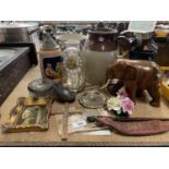 A MIXED LOT TO INCLUDE A RHYTHM QUARTZ MANTEL CLOCK, SILVER PLATED TRINKET TRAY, LARGE SEED POD,