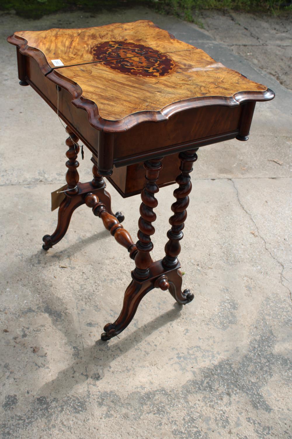 A VICTORIAN WALNUT SEWING TABLE WITH SLIDING TOP ENCLOSING 8 LIDDED COMPARTMENTS, ON BARLEY-TWIST - Image 2 of 10