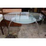 AN OVAL GLASS TOP RETRO TWO TIER DINING TABLE ON POLISHED CHROME LEGS, 60" X 36"