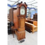 A 19TH CENTURY OAK AND MAHOGANY INLAID EIGHT DAY LONG CASE CLOCK WITH PAINTED ENAMEL DIAL