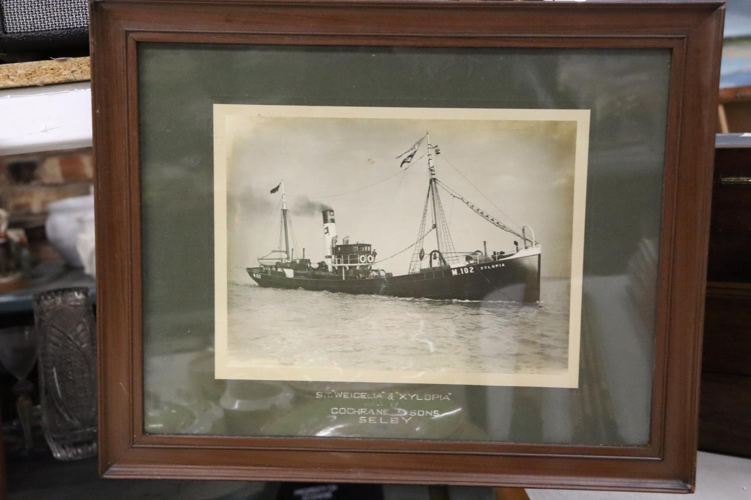 A VINTAGE FRAMED PHOTOGRAPH OF A SHIP, BUILT BY COCHRANE AND SONS, SELBY
