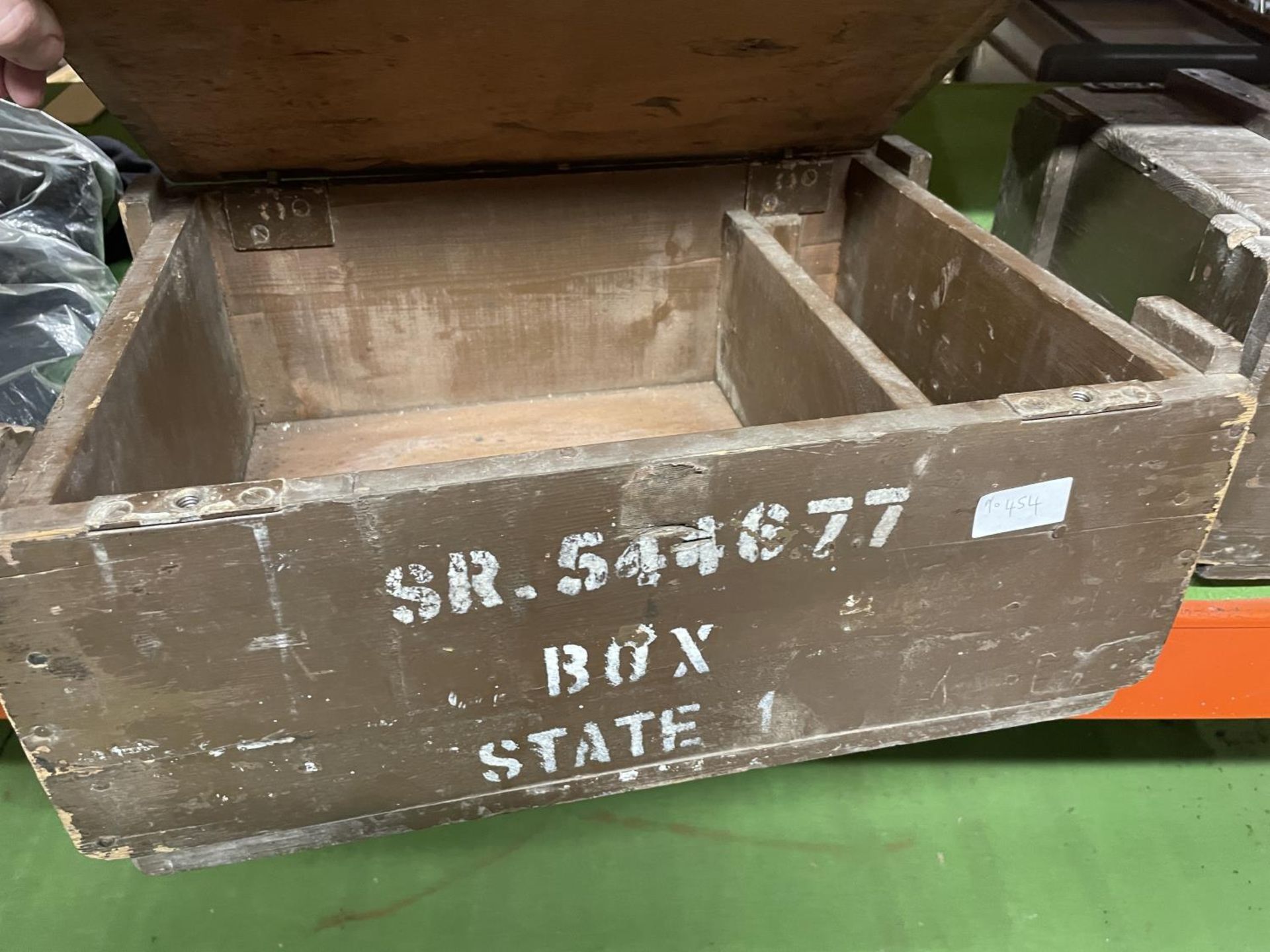 TWO GREEN PAINTED AMMUNITION BOXES MARKED SR 544677, AND A 1950 MILITARY ENAMEL PLATE (3) - Image 2 of 3