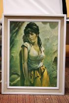 A LARGE RETRO 1960'S/70'S PRINT OF A LADY, 63CM X 81CM