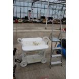 A THREE RUNG ALUMINIUM STEP LADDER AND A PLASTIC DRINKS TROLLEY