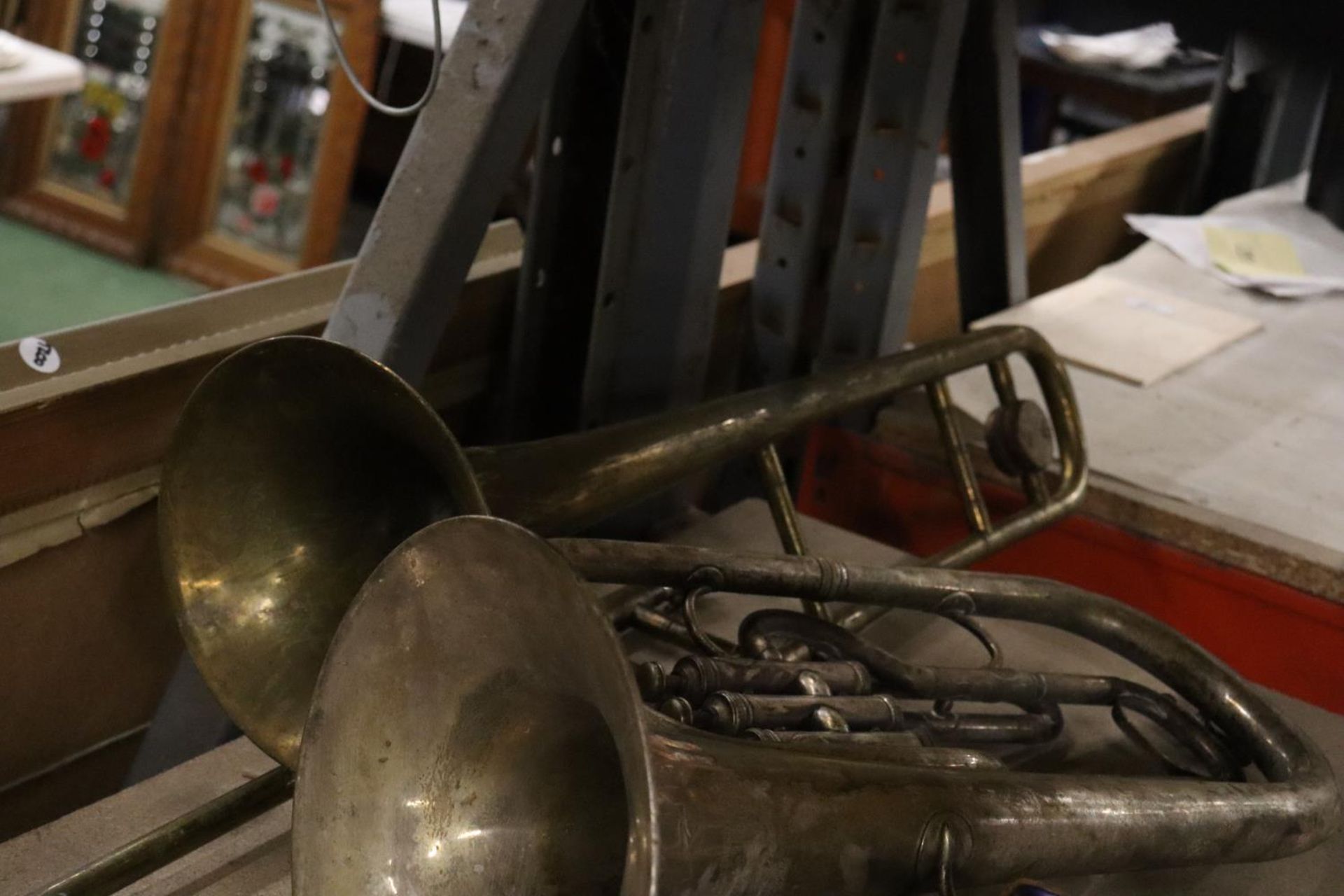 THREE VINTAGE MUSICAL INSTRUMENTS TO INCLUDE A CORNET, BARITONE TENOR HORN AND TROMBONE - Image 5 of 6