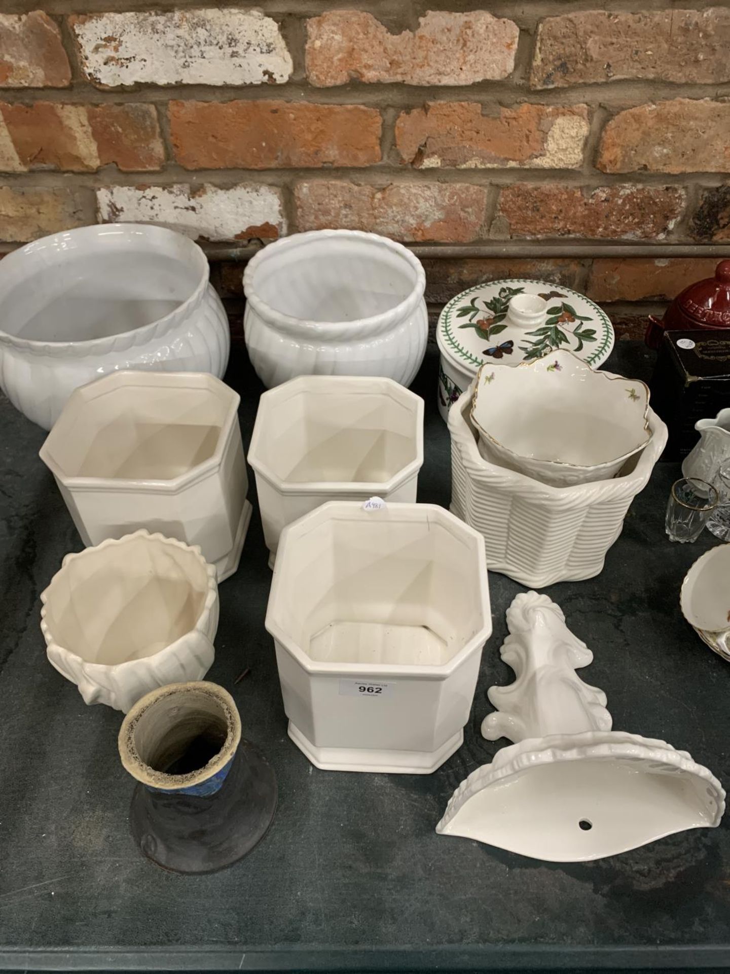 A MIXED LOT OF PLANTERS PLUS A PORTMEIRION CASSEROLE DISH ETC