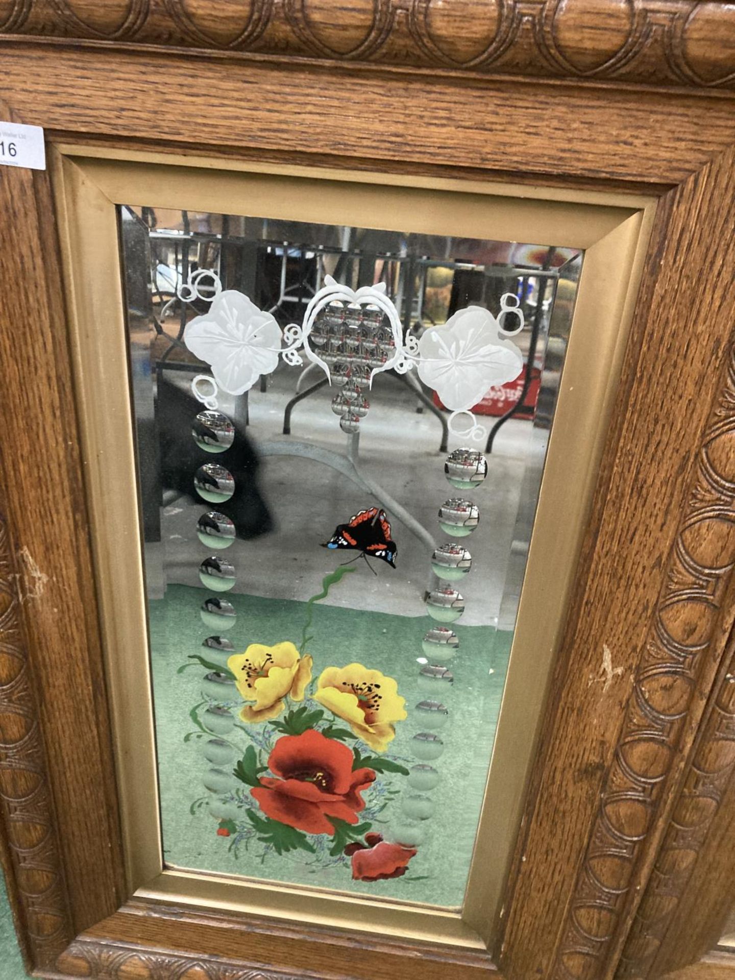 TWO OAK FRAMED DECORATIVE MIRRORS WITH FLOWERS AND BUTTERFLIES 20" X 33" - Image 3 of 3