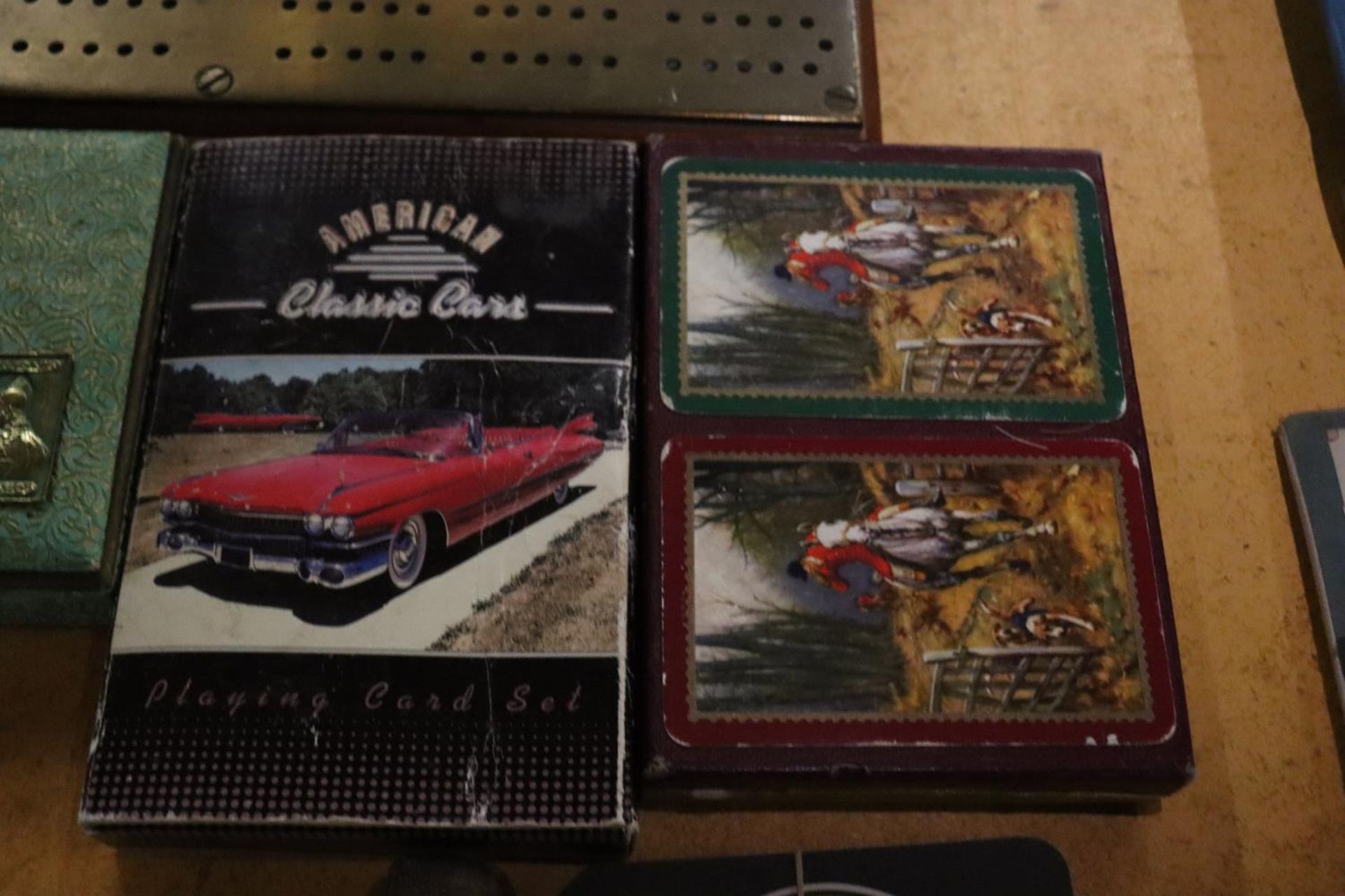 A BRASS CRIB BOARD AND THREE PACKS OF VINTAGE CARDS - Image 2 of 6
