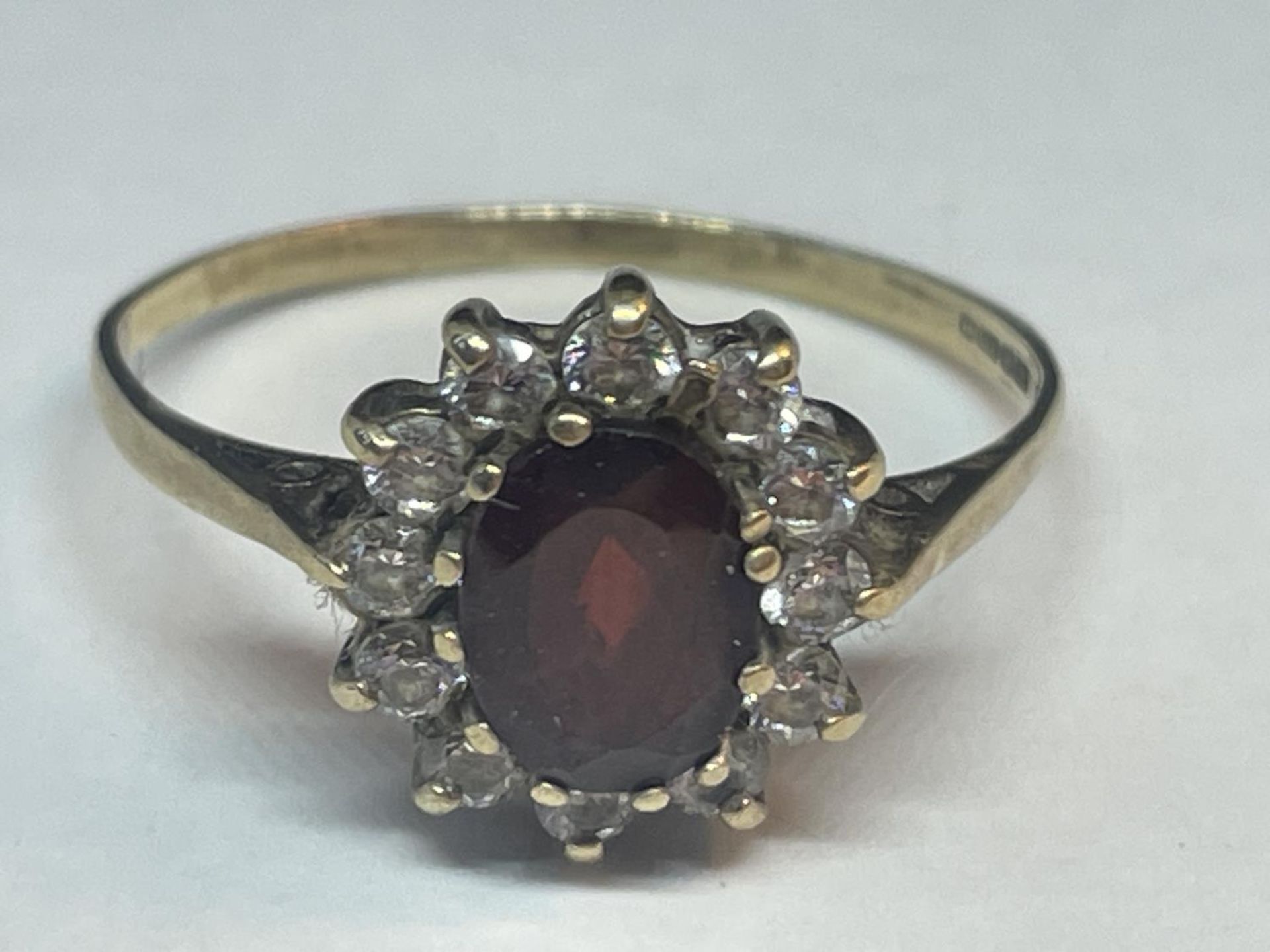 A 9 CARAT GOLD RING WITH A CENTRE GARNET SURROUNDED BY CUBIC ZIRCONIAS SIZE V