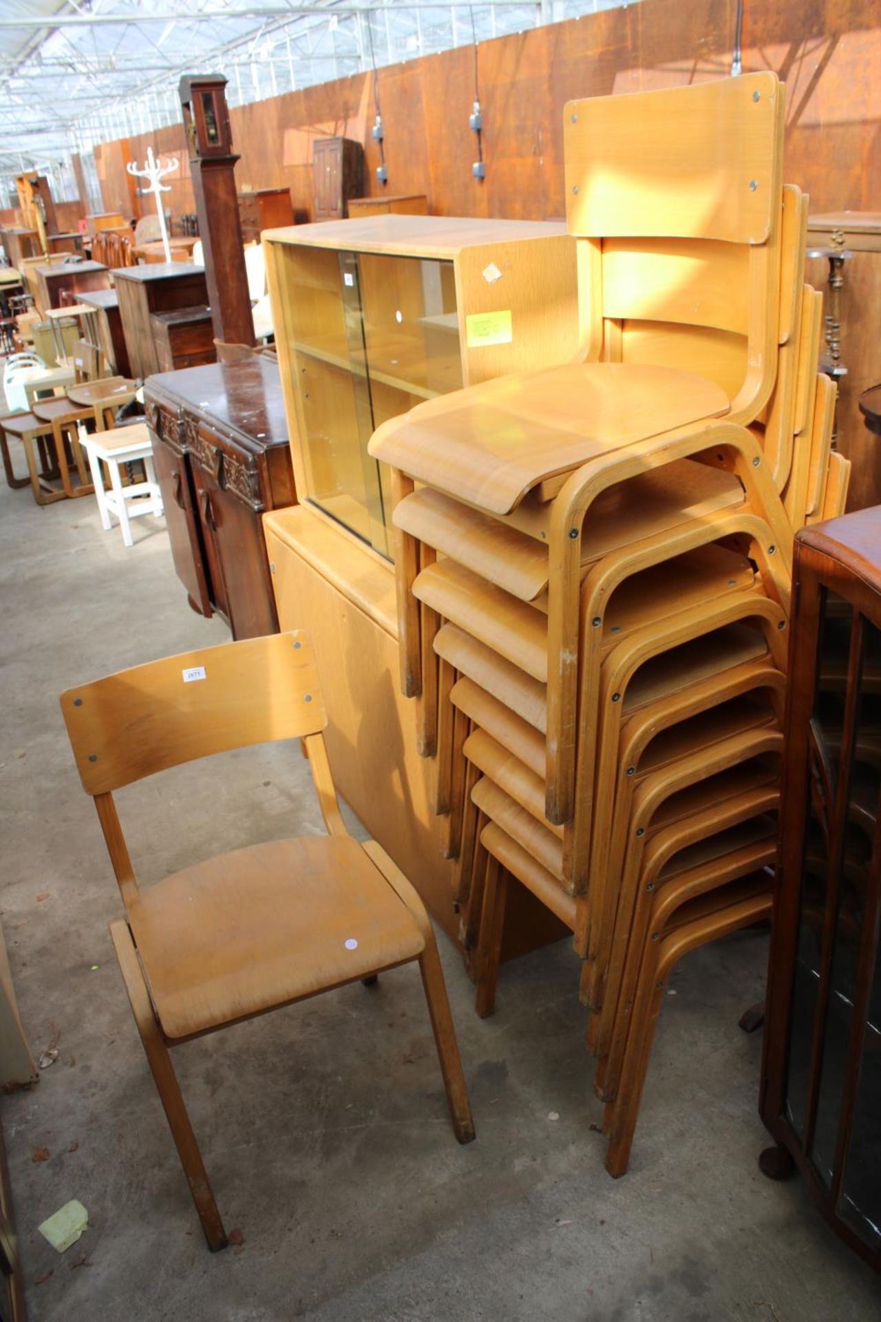 NINE BENTWOOD STACKING CHAIRS STAMPED N.C.L.E-P.O.L.Y