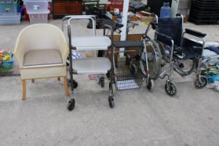AN ASSORTMENT OF MOBILITY ITEMS TO INCLUDE A WALKING AID AND A WHEEL CHAIR ETC