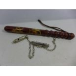 A GEORGE VI POLICEMANS TRUNCHEON, LENGTH 40CM AND TWO POLICEMANS WHISTLES