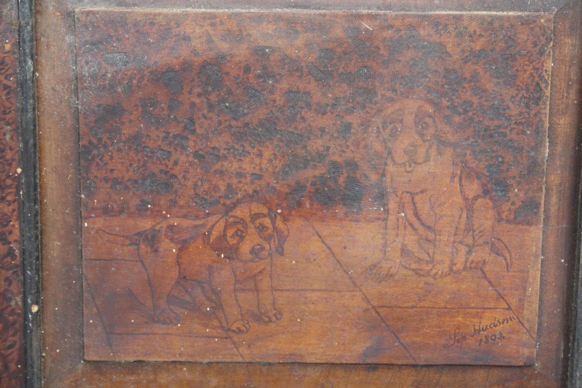 TWO VINTAGE WOODEN ETCHED BOARDS DEPICTING DOGS SIGNED AND DATED HUDSON 1893 TO THE BOTTOM RIGHT - Image 4 of 4