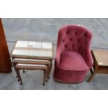 TWO ITEMS TO INCLUDE A PINK BEDROOM CHAIR AND A NEST OF THREE MAHOGANY TABLES WITH INSERT GLASS TOPS