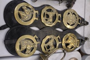 SIX HORSE BRASSES ON LEATHER STRAPS