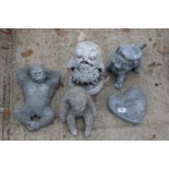 FIVE CONCRETE GARDEN FIGURES TO INCLUDE A PAW PATROL DOG AND AN OWL ETC