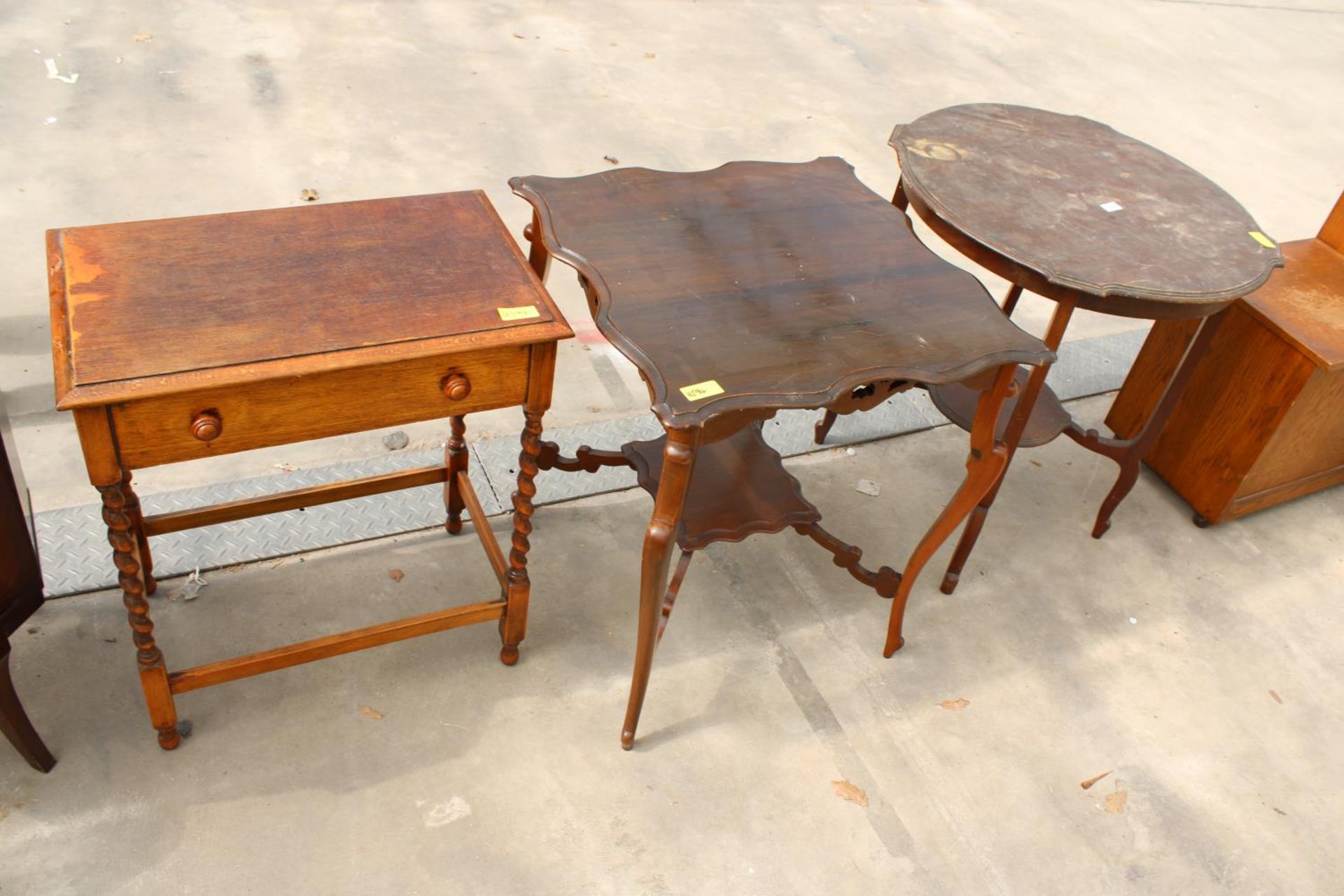 TWO LATE VICTORIAN MAHOGANY TWO TIER CENTRE TABLES AND OAK BARLEY-TWIST SIDE TABLE