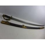 A REPLICA OF A BRITISH NAPOLEONIC WAR OFFICERS SWORD AND SCABBARD, 81CM BLADE, LENGTH 96CM