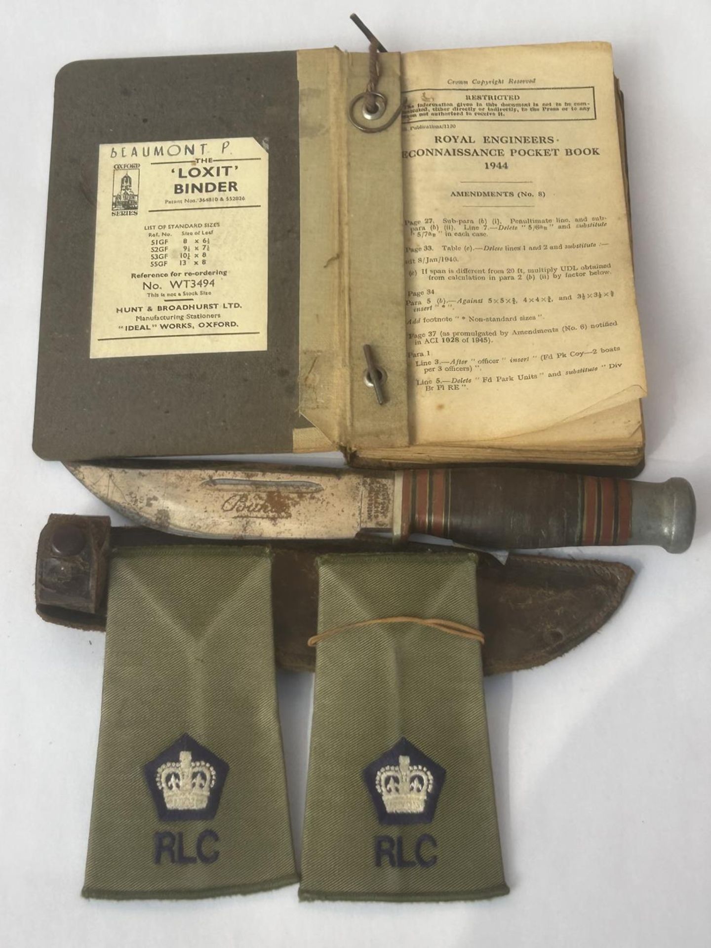 A VINTAGE SHEFFIELD KNIFE AND SCABBARD, 12CM BLADE, LENGTH 24CM, A ROYAL ENGINEERS RECONNAISSANCE