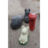 FIVE CONCRETE GARDEN FIGURES TO INCLUDE PIGS AND A POST BOX ETC