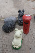 FIVE CONCRETE GARDEN FIGURES TO INCLUDE PIGS AND A POST BOX ETC