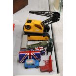A COLLECTION OF DIE-CAST VEHICLES TO INCLUDE A VINTAGE TONKA CRANE, CORGI AND DINKY BUSES AND CARS