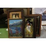 A COLLECTION OF SIX SMALL MIRRORS, PAINTINGS AND PRINTS TO INCLUDE, AUTUMN AND SUMMER MIRRORS, THE