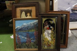 A COLLECTION OF SIX SMALL MIRRORS, PAINTINGS AND PRINTS TO INCLUDE, AUTUMN AND SUMMER MIRRORS, THE