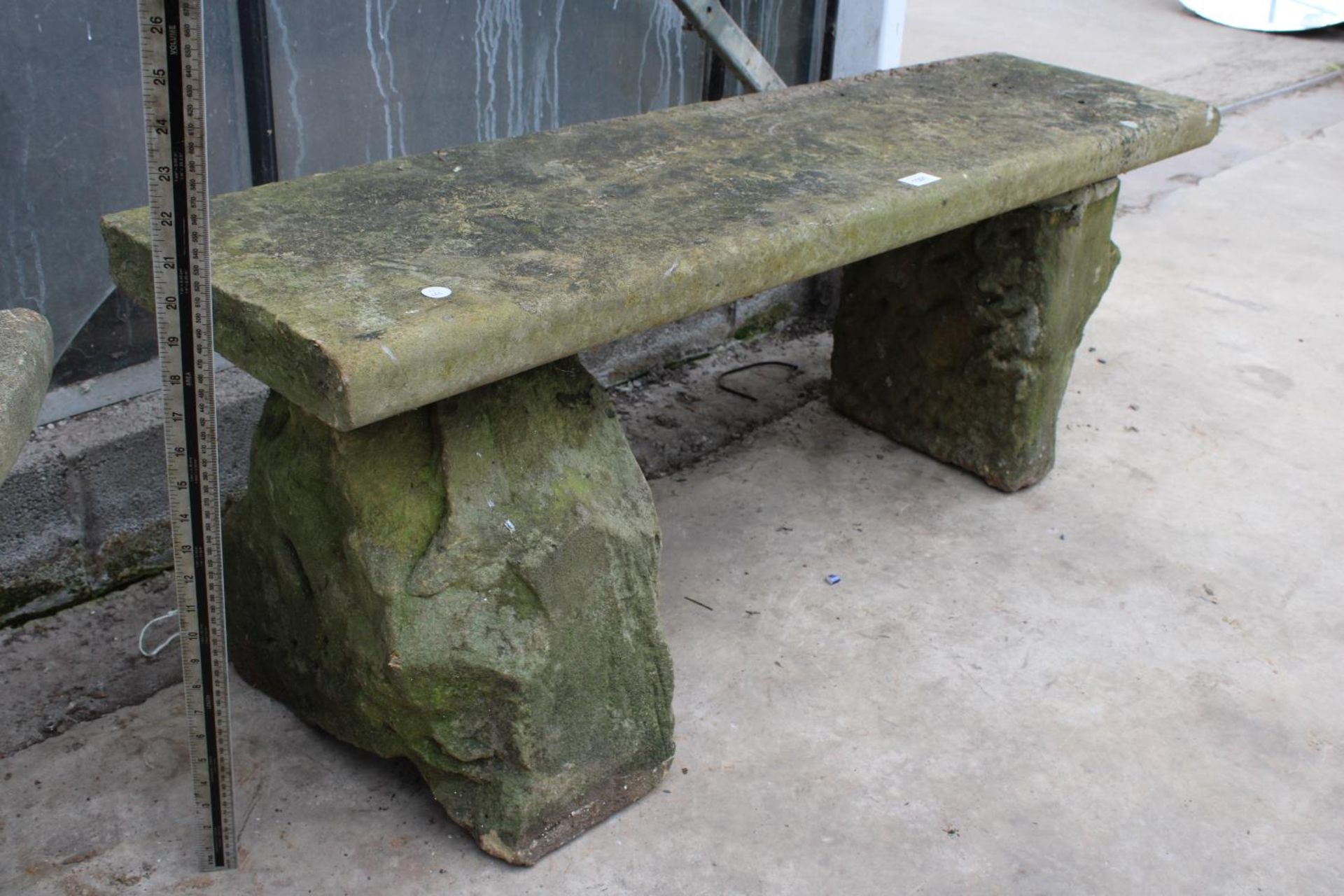 A YORK STONE BENCH WITH TWO PEDESTAL BASES (L:118CM) - Image 4 of 4