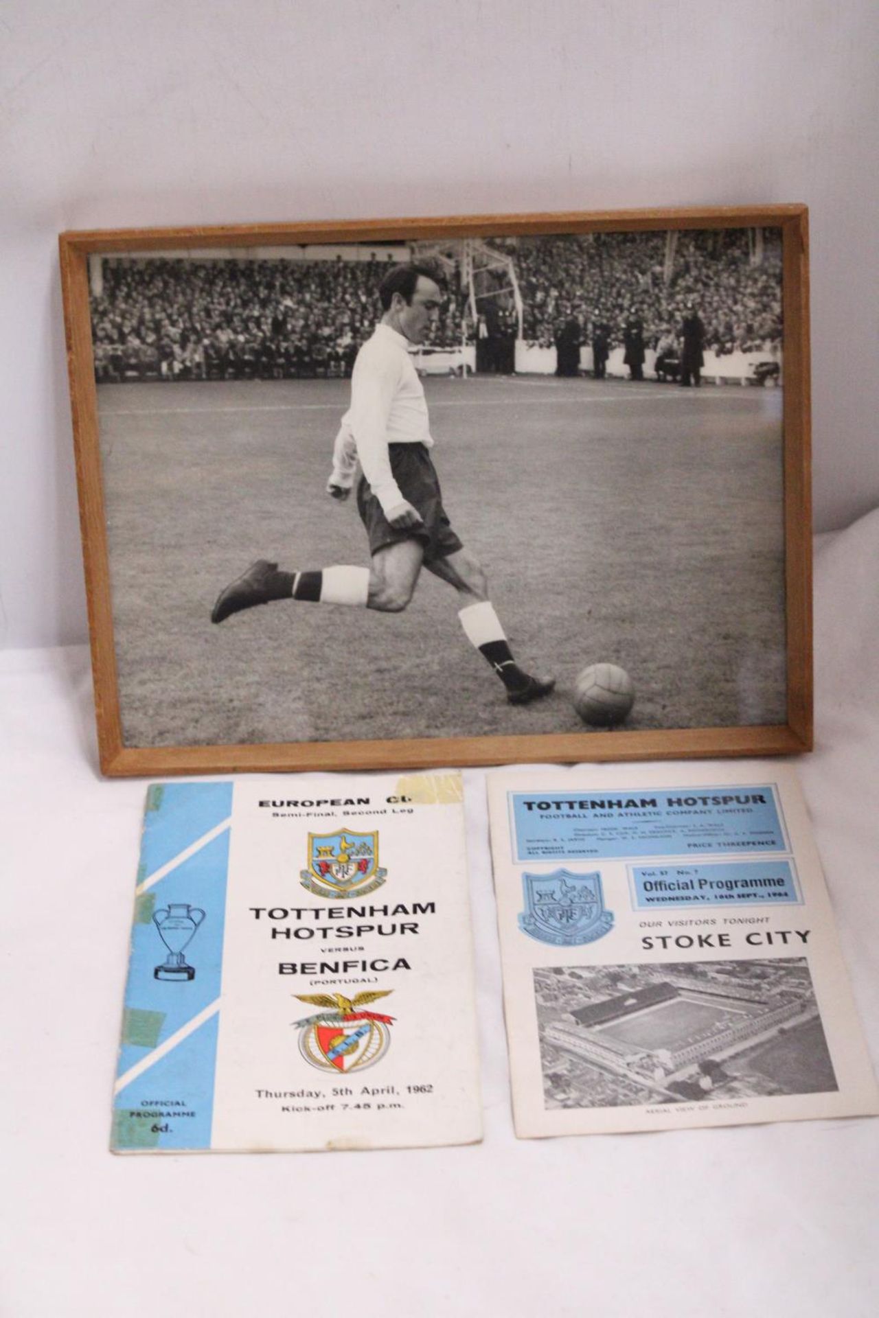 A FRAMED PHOTOGRAPH OF "JIMMY GREAVES" IN THE EARLY 1960S PLUS TWO 1960S TOTTENHAM HOTSPUR