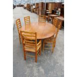 A GEORGIAN STYLE OVAL OAK WAKES TABLE, 77" X 59" OPENED AND SIX LADDER BACK DINING CHAIRS WITH