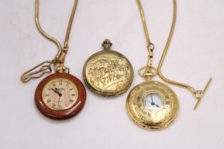 THREE MODERN POCKET WATCHES - TWO ON ALBERT CHAINS