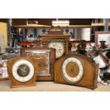 FOUR VINTAGE MAHOGANY AND OAK CASED MANTLE CLOCKS, TO INCLUDE SMITHS