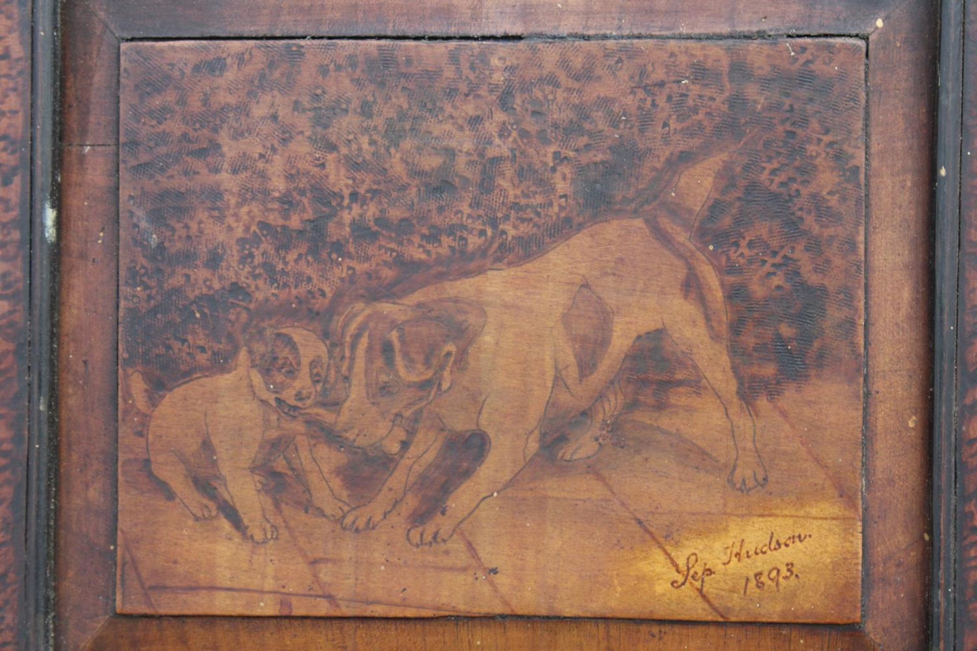 TWO VINTAGE WOODEN ETCHED BOARDS DEPICTING DOGS SIGNED AND DATED HUDSON 1893 TO THE BOTTOM RIGHT - Image 3 of 4