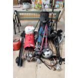 A LARGE ASSORTMENT OF GOLFING ITEMS TO INCLUDE TROLLIES, BAGS AND CLUBS ETC
