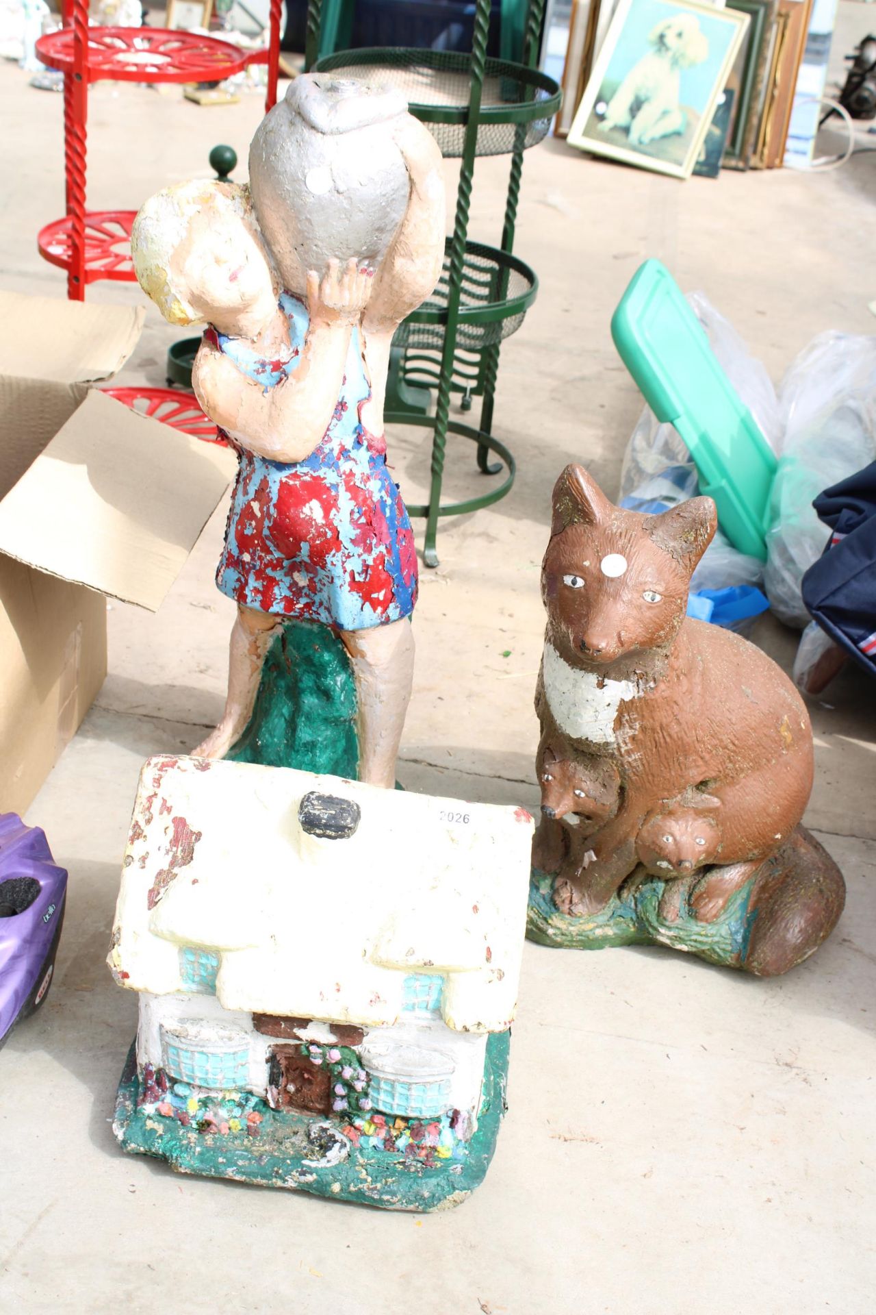 THREE CONCRETE GARDEN FIGURES TO INCLUDE A FOX AND A HOUSE ETC