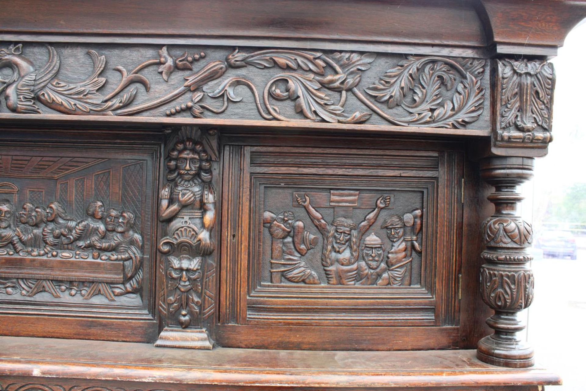 AN OAK GEORGE III STYLE COURT CUPBOARD WITH CARVED PANELS, THREE DEPICTING THE BIRTH AND - Image 6 of 13
