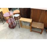 AN OAK STOOL, METAL PLANT STAND, 2 DOOR WALL CABINET AND 3 TIER WHATNOT