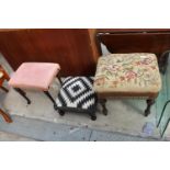 A WADMAN BROS (BATH) MAHOGANY STOOL WITH WOOLWORK TOP AND TWO OTHER STOOLS