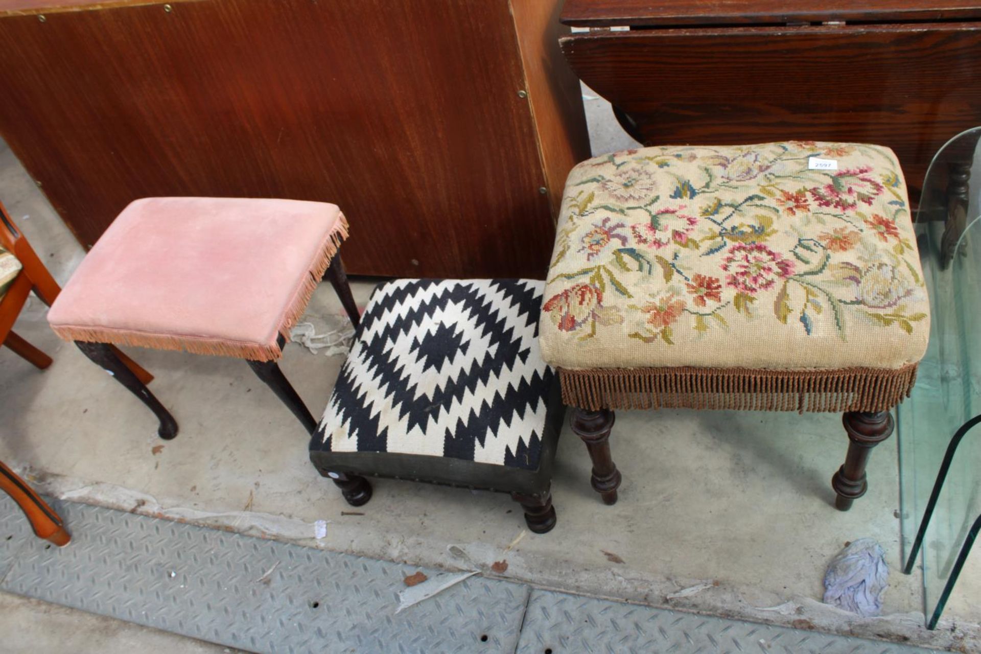 A WADMAN BROS (BATH) MAHOGANY STOOL WITH WOOLWORK TOP AND TWO OTHER STOOLS