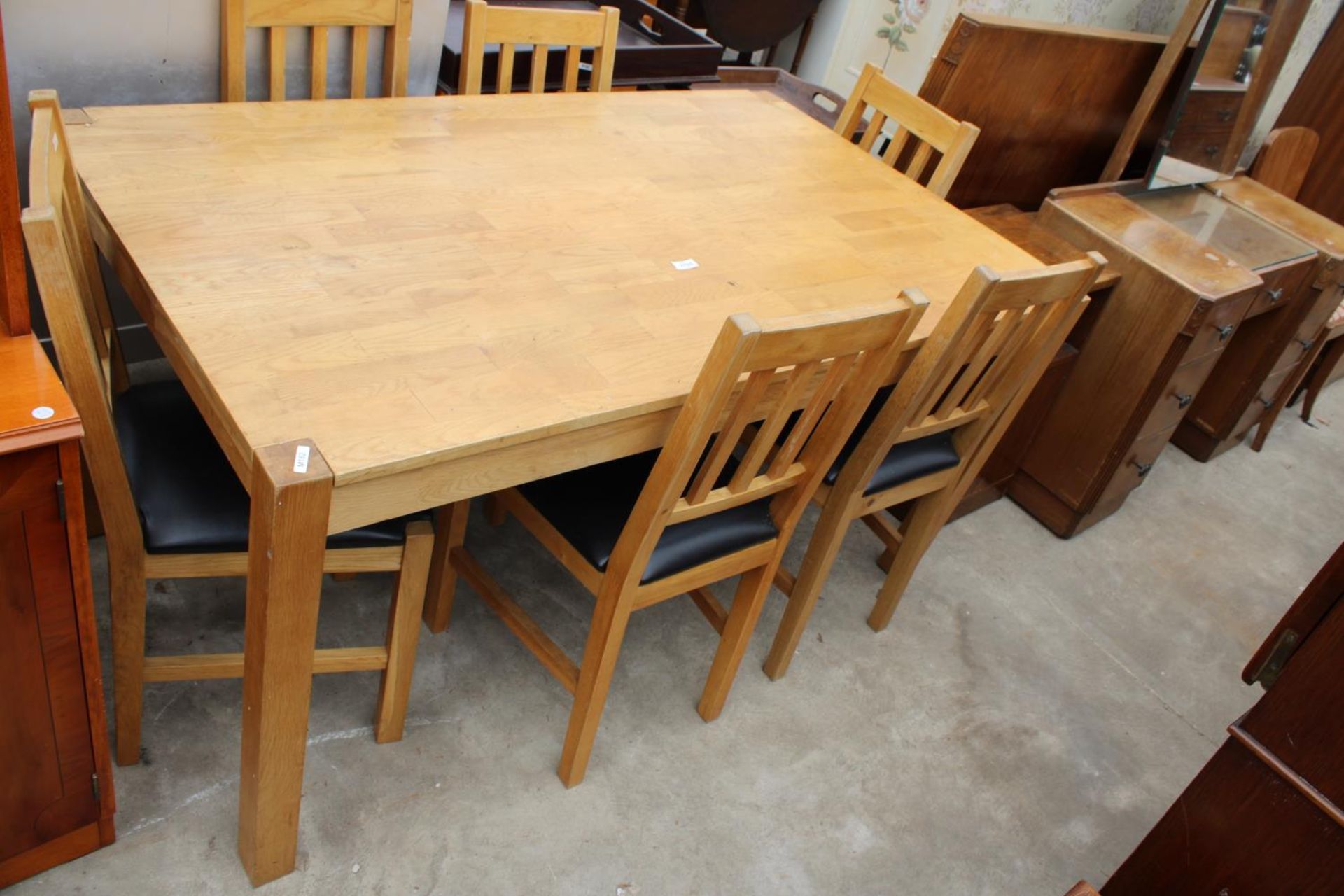 A MODERN OAK DINING TABLE WITH WOODBLOCK TOP 59" X 36" AND SIX DINING CHAIRS