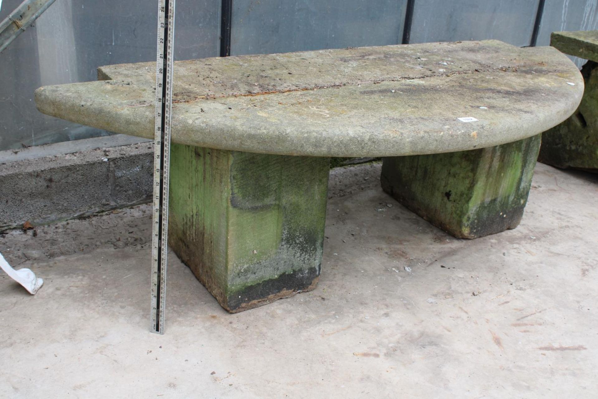 A YORK STONE BENCH WITH TWO PEDESTAL BASES (L:148CM) - Image 2 of 4