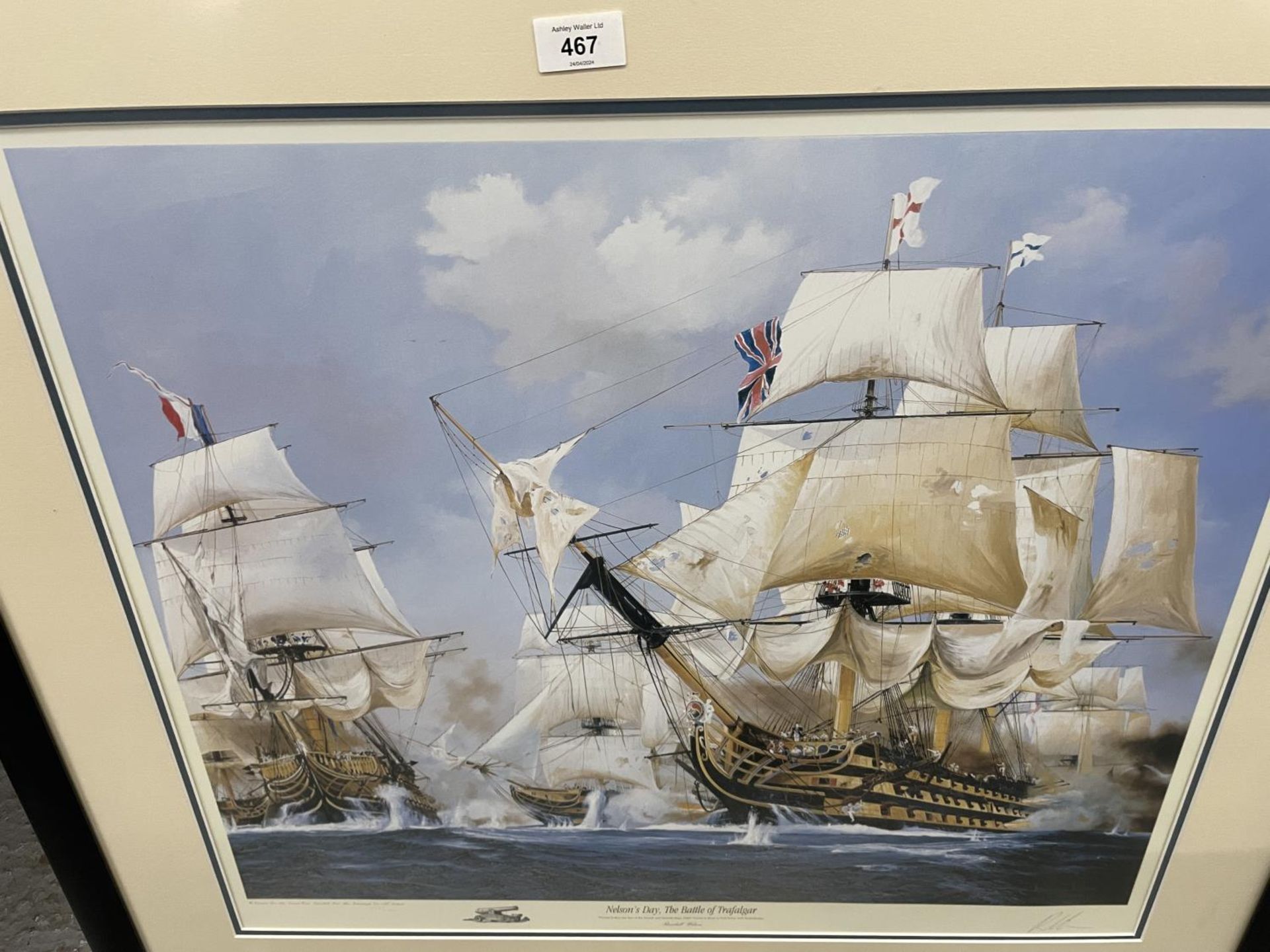 A FRAMED COLOUR SIGNED LIMITED EDITION 672/1150 PRINT OF 'NELSONS DAY, THE BATTLE OF TRAFALGAR' BY - Image 2 of 3