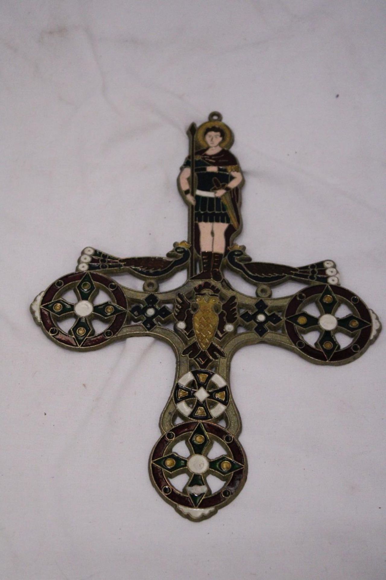 A BRONZE GREEK WALL HANGING ICON WITH ENAMELLED FRONTAGE