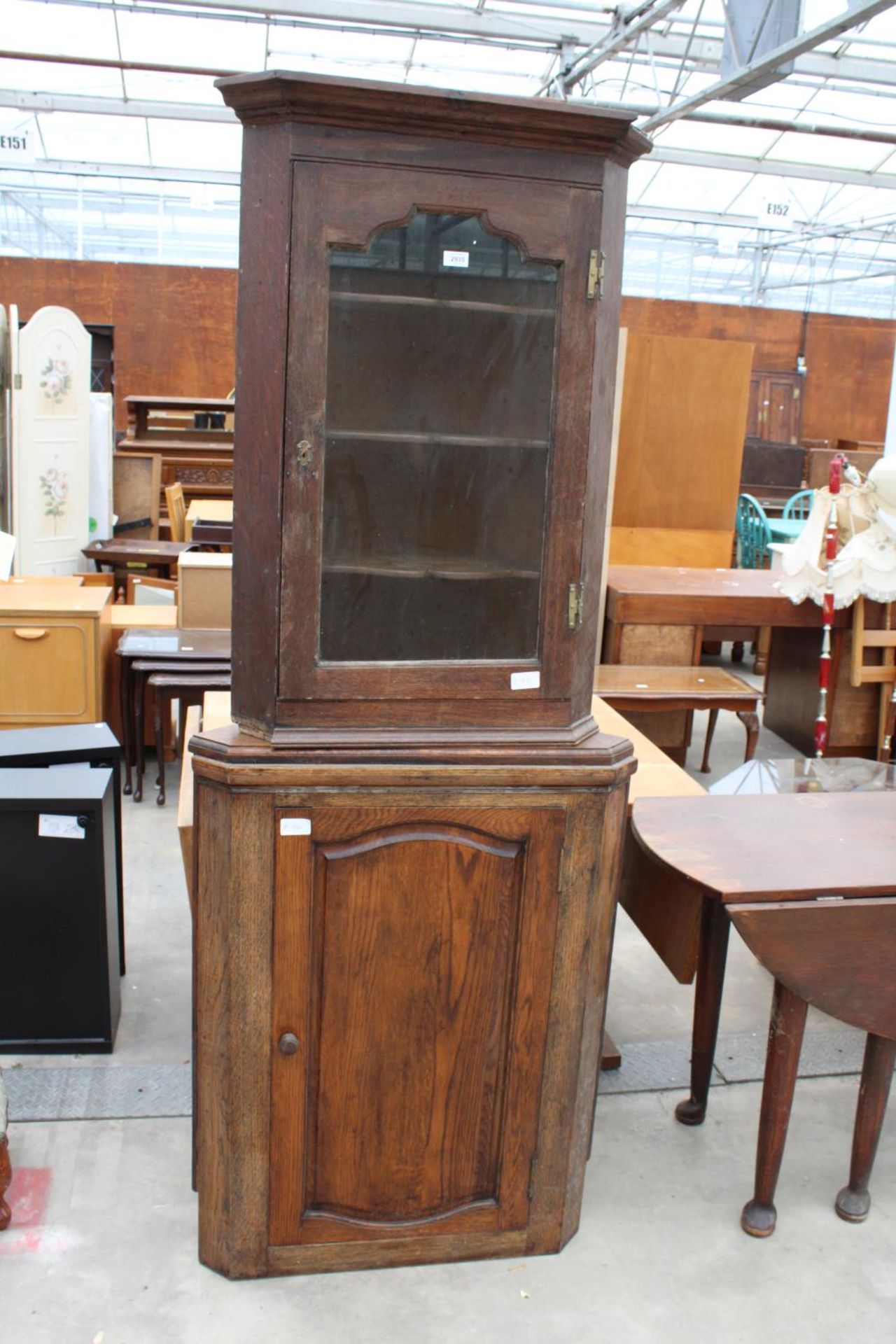 TWO OAK GEORGE III STYLE CORNER CUPBOARDS